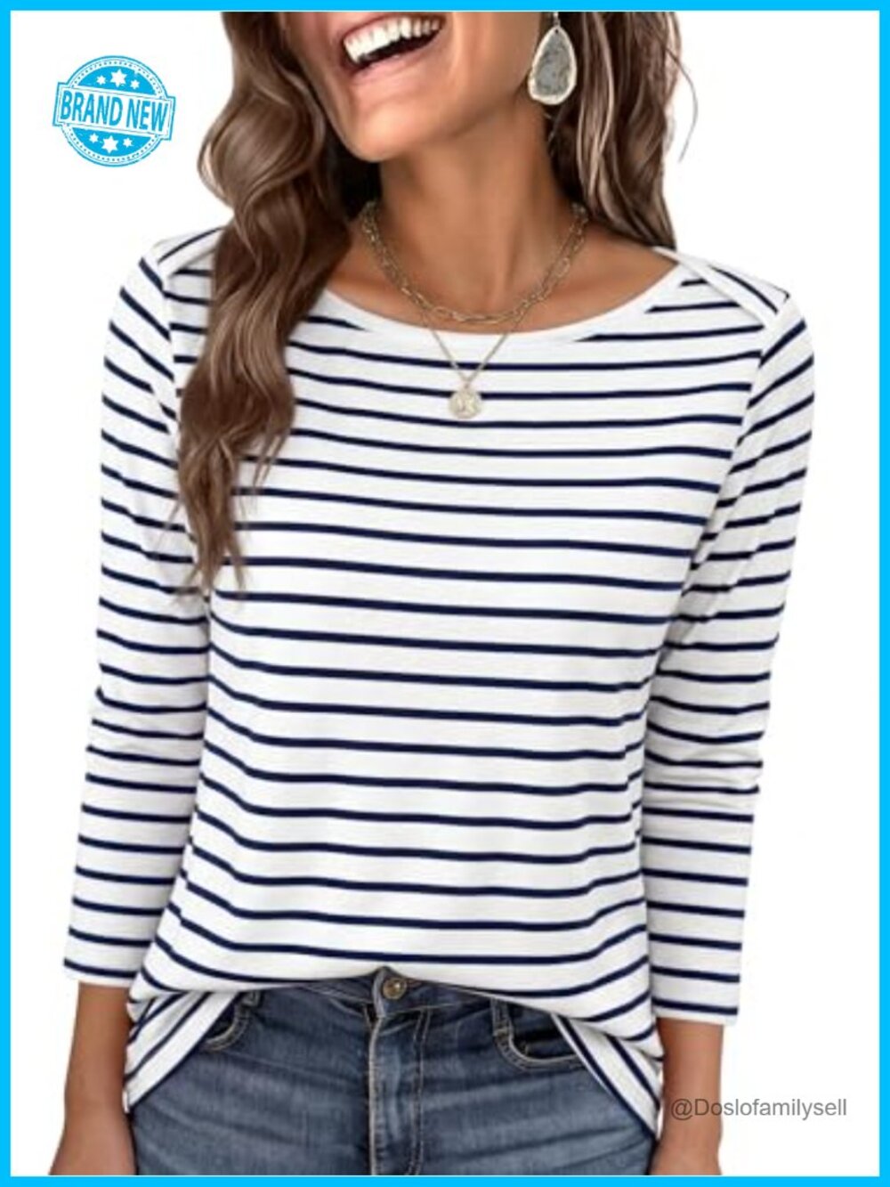Womens Boat Neck 3/4 Sleeve T-Shirt Striped Pullover Casual Top